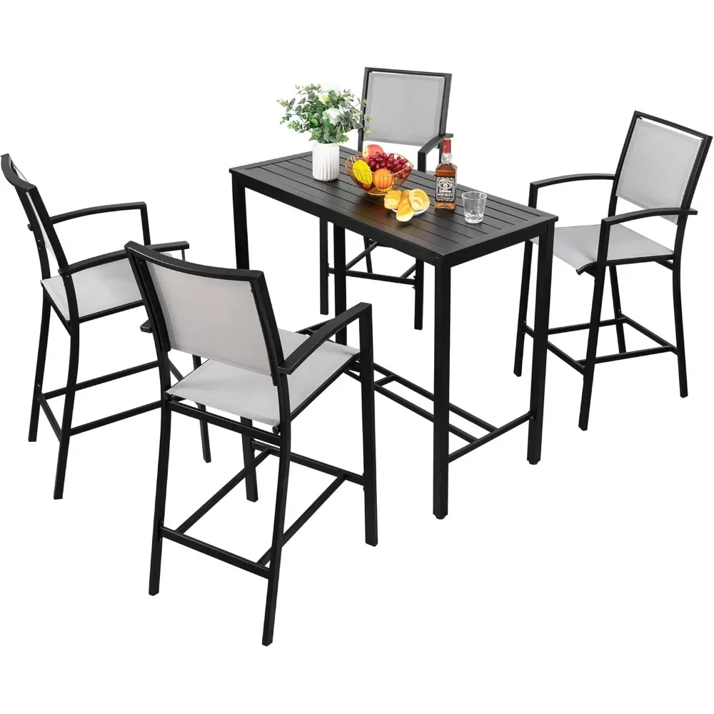 5 Piece Patio Bar Set, Metal Dining Table Set High Bar Stools Chair of 4 and High Bar Table, Outdoor Top Bistro Set