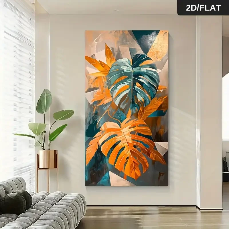1 قطعة 27.56x55.12 بوصة بدون إطار حديث تجريدي قماش جدار الفن-لوحة أوراق النخيل الأزرق والبرتقالي النابضة بالحياة ، معاصر كبير