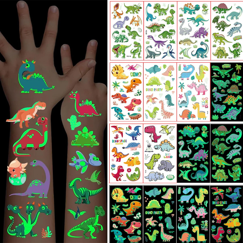 

5pcs Dinosaur Glow Temporary Tattoos Cute Cartoon Luminous Stickers for Boys Girls Dino Birthday Party Decoration Favors Gifts