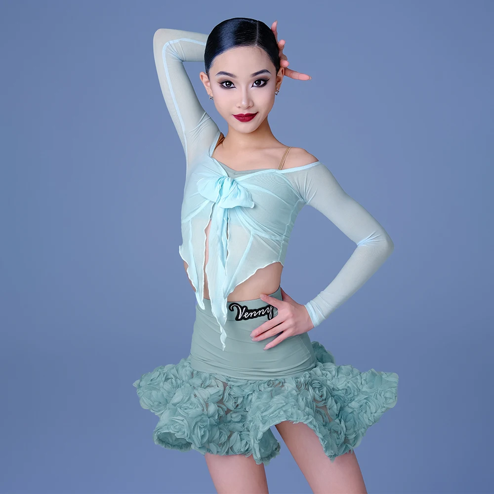 

Vennystyle Latin Dance Training dress for girls Autumn and Winter halter long sleeve bow top petal half skirt