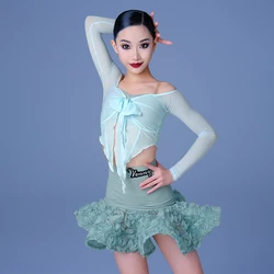 Vennystyle Latin Dance Training dress for girls Autumn and Winter halter long sleeve bow top petal half skirt