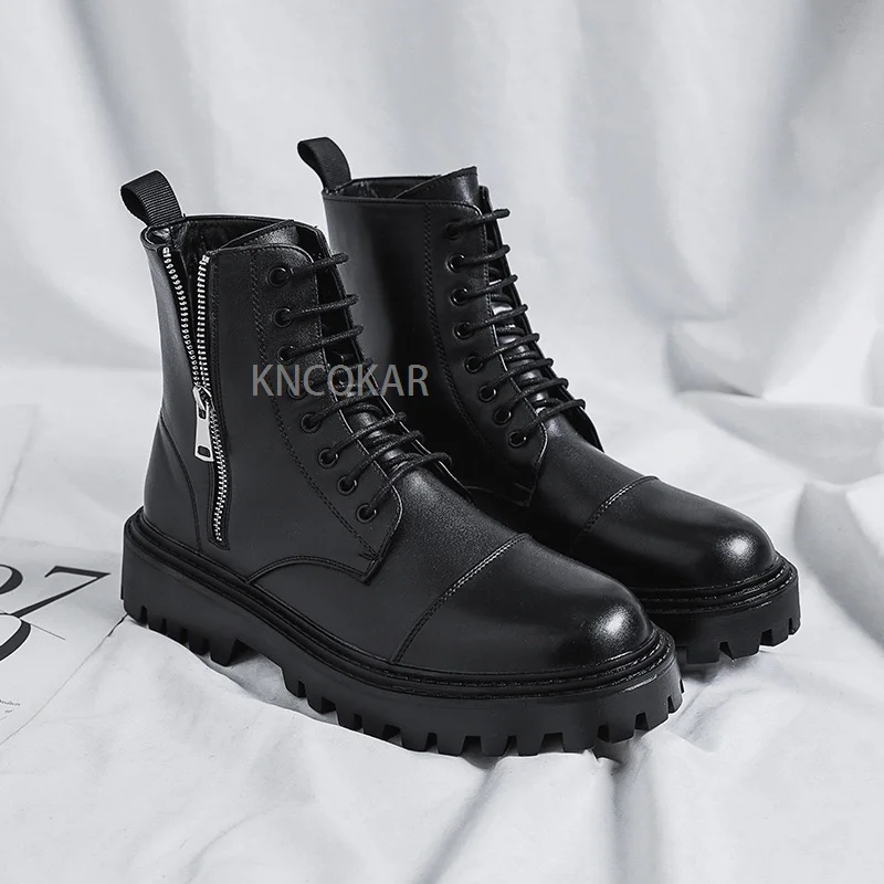 New Thick-soled  Boots Men Tide Ins Short Boots Motorcycle Boots Tooling Boots High-top 8-hole Genuine Leather Boots