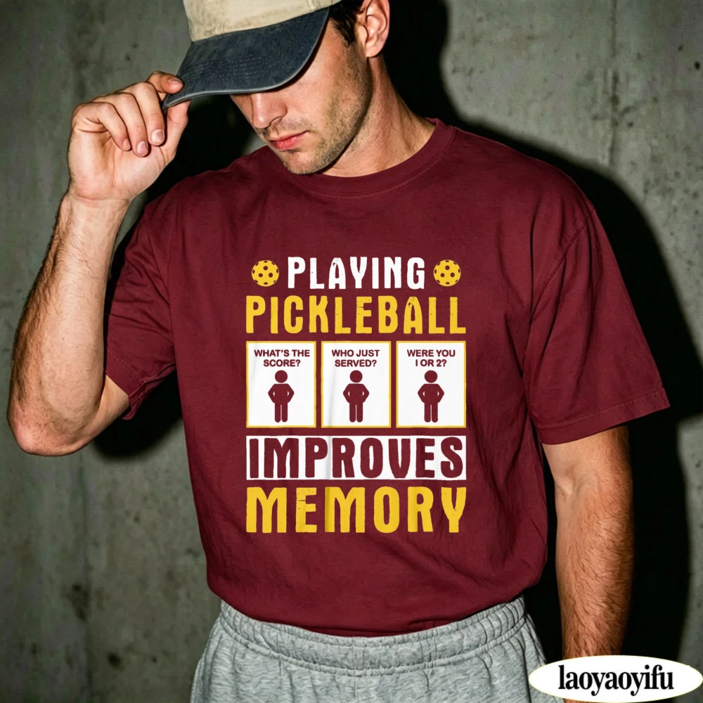 Playing Pickleball Improves Memory Funny Print Mens Cotton T Shirt Summer Sports Short Sleeve Crew Neck Casual Everyday Tees