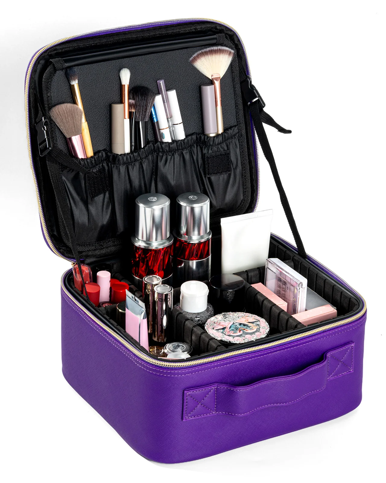 Makeup Bag With Mirror lamp,Travel Waterproof Necessary Beauty Brush Embroidery Tool Storage Cosmetic Case Portable Makeup Box