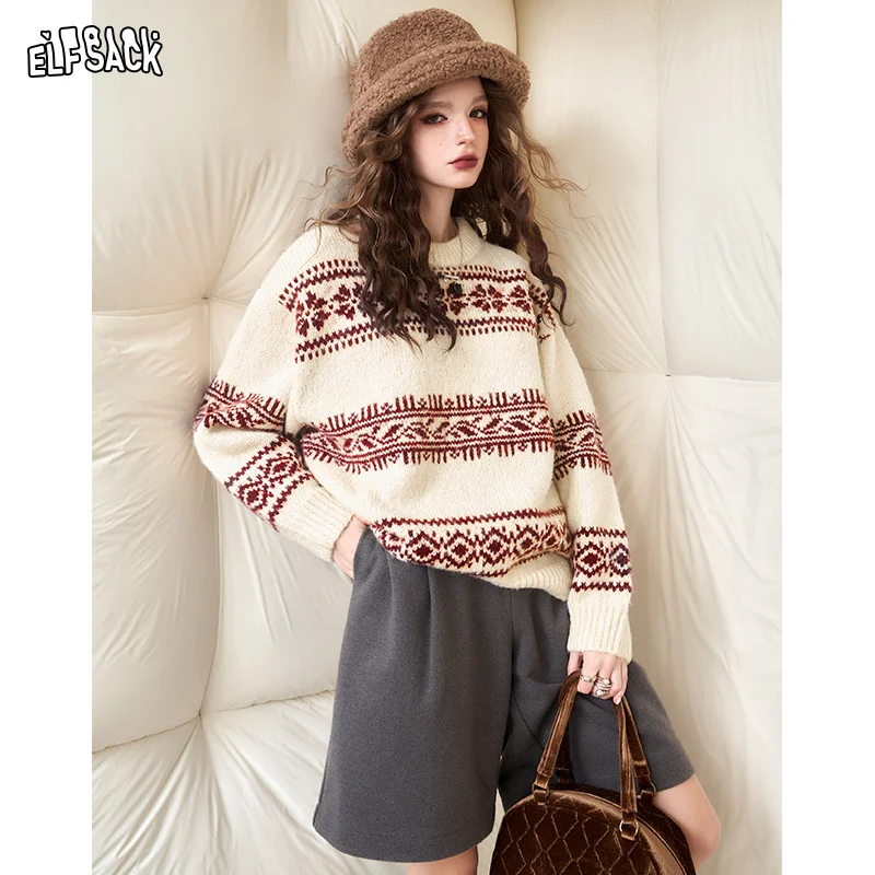 ELFSACK Fair Isle Style Christmas Sweater Woman 2023 Winter New Long Sleeve Big Tops