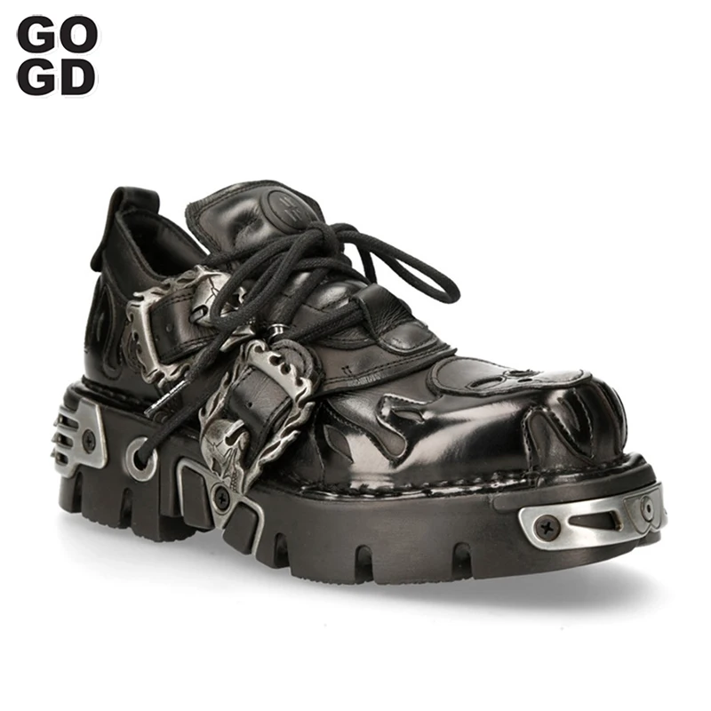 

GOGD Fashion Women's For Men Pumps Platform Couple Unisex Ankle Boots Skull Metal Buckle Motorcycle Boots Gothic Style Big Size