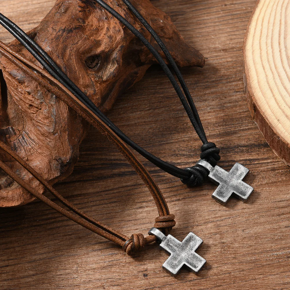 1 Piece Women and Men Retro Woven Cross Pendant Necklace Rope Leather Necklace for Women