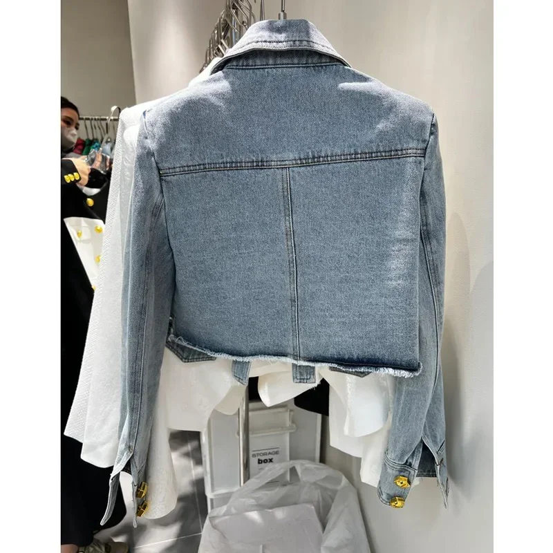 2024 여성을위한 새로운 데님 자켓 슬림 싱글 브레스트 긴 소매 짧은 겉옷 코트 데님 자켓 여성 코트 코트