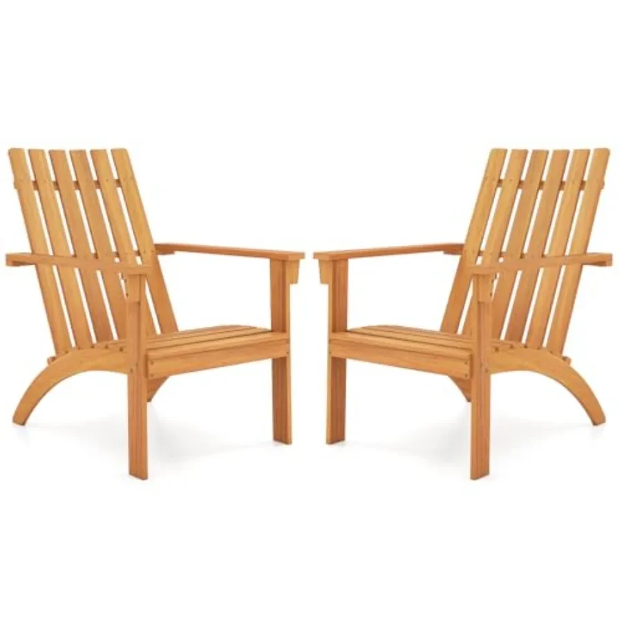 Outdoor Adirondack Chair for Porch Patio Garden Backyard Deck, Solid Acacia Wood, Natural, Ergonomic Inclined Backrest Curved S