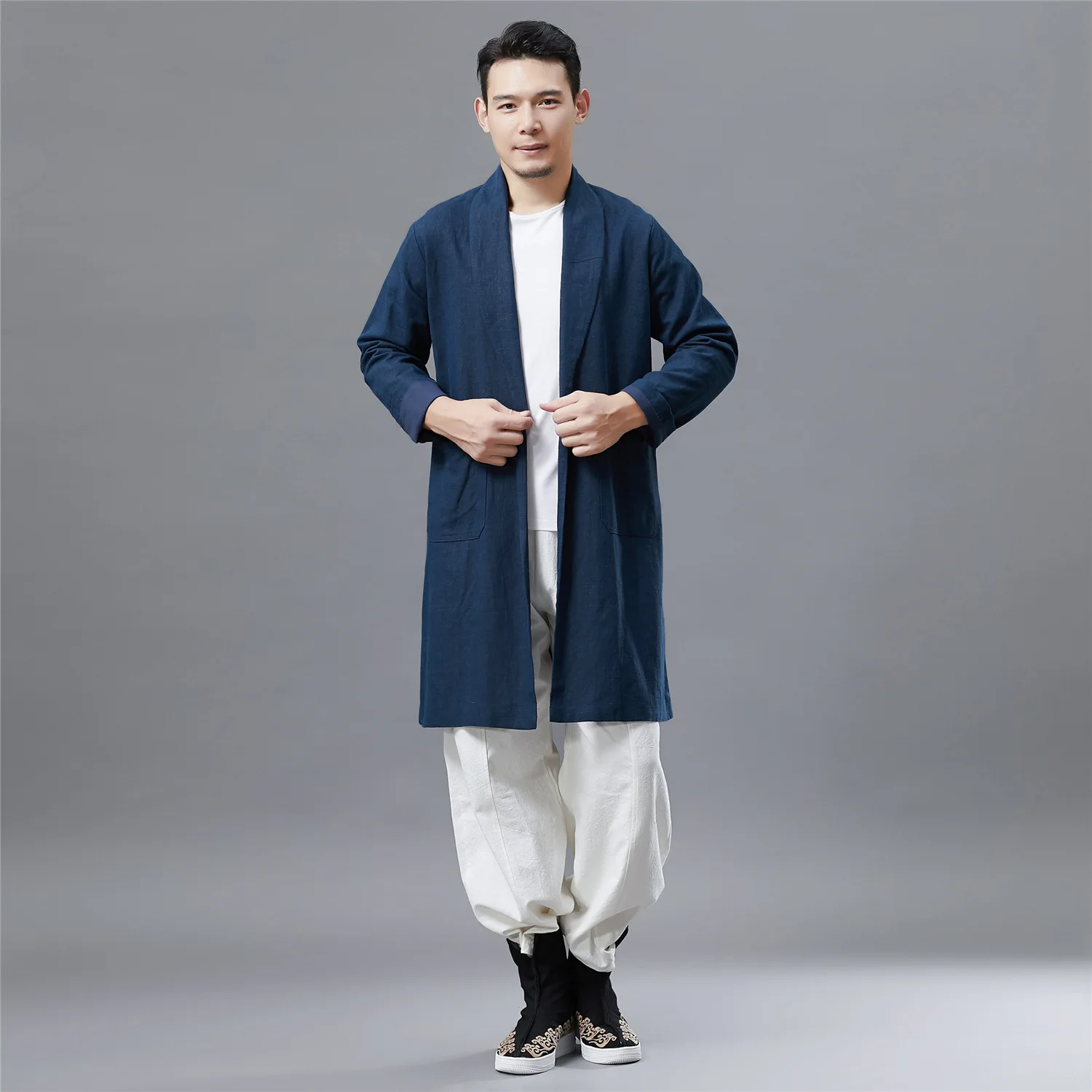 

Autumn New Double Bag Windbreaker Retro Chinese Style Stand Collar Windbreaker Men's Mid-Length Solid Color Cardigan Fit