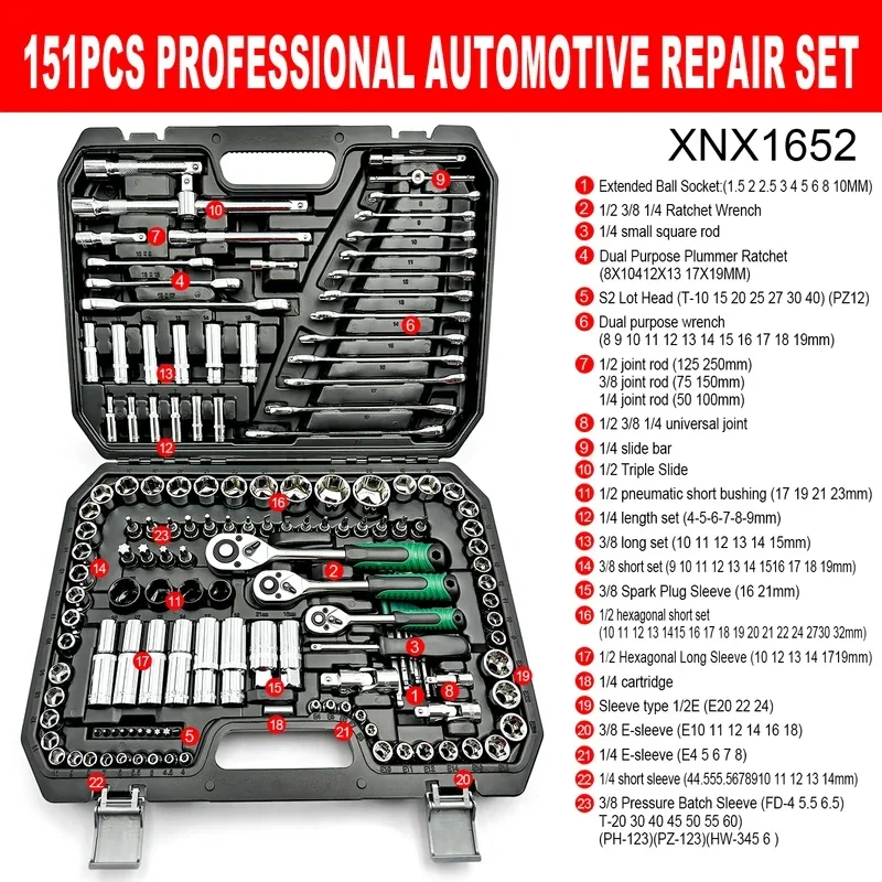 151pcs Drive Socket Set, 1/2 1/4 3/8 Inch Ratchet Wrench Set Ratchet Socket Wrench Set, tool for Home or Automobile Maintenance