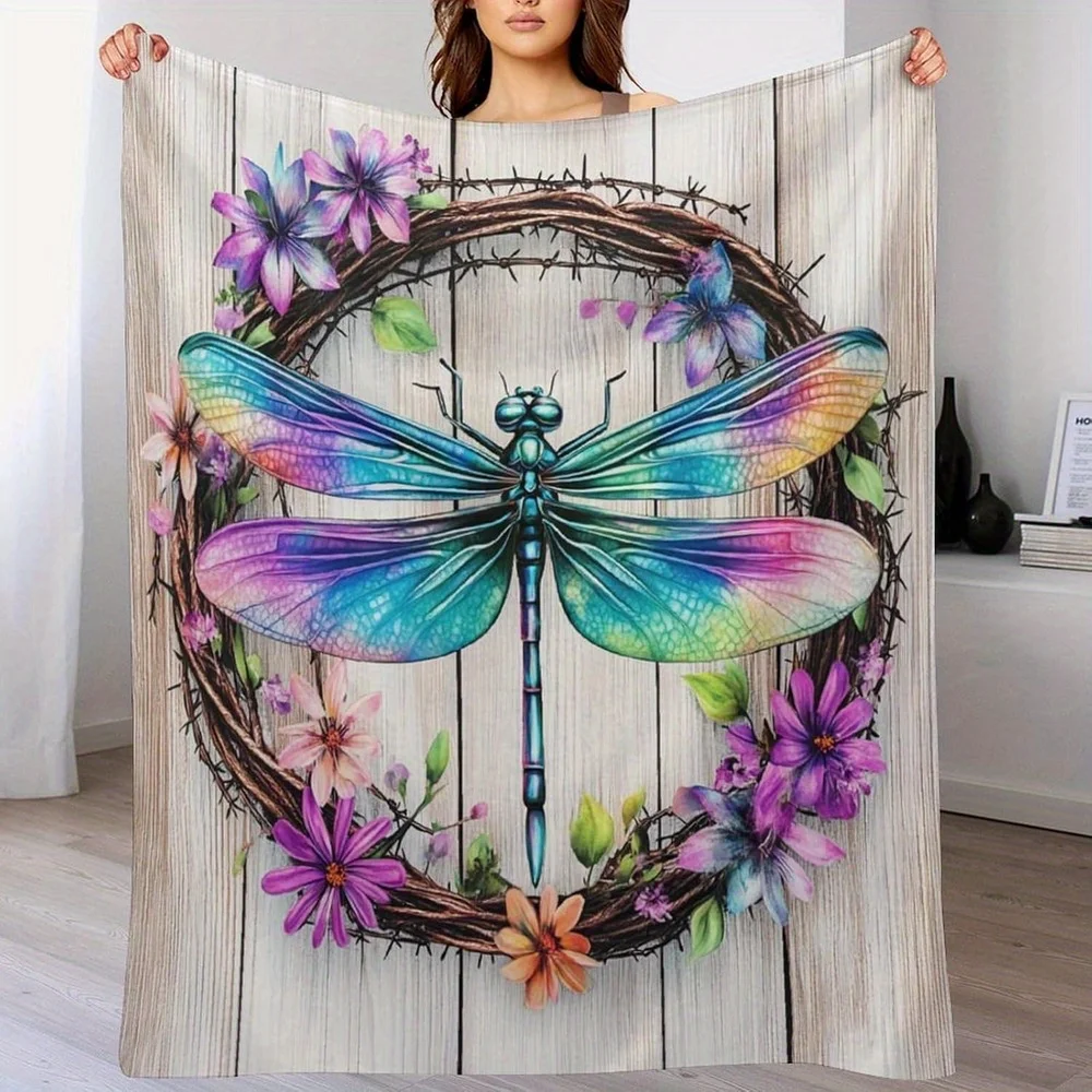 Rustic Wooden Wreath Brown Throw Blanket with Vibrant Dragonfly & Floral Design Throw for Couch, Sofa, Bed, or Air Conditioning