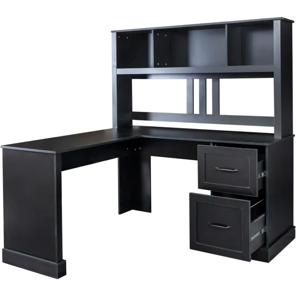 L Shaped Desk,Computer Desk with Drawers,Bookshelf & Hutch,Modern Corner Desk L-Shaped Study Table with Storage Black