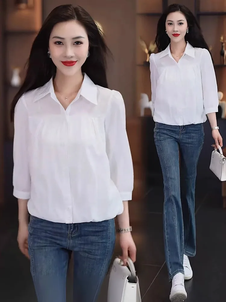 

Summer New Style Small Size Women's Shirt Casual Chiffon Top Belly Covering Fashionable Top Korean Version Loose Fit Long Sleeve