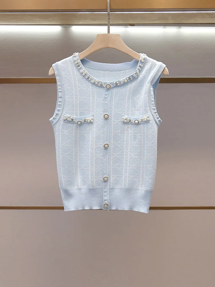 Withered High End Women's Summer New Style Nail Bead Contrasting Loose Vest Knitted Sweater