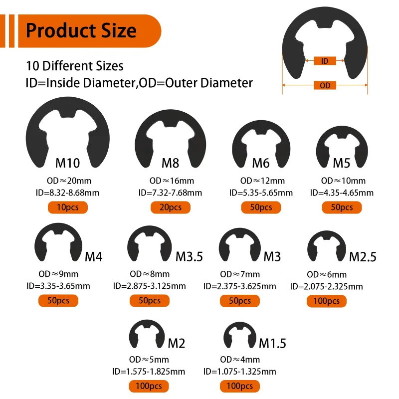580PCS E-Clip Kit, 10 Sizes Black Alloy Steel Retaining Rings (M1.5 M2 M2.5 M3 M3.5 M4 M5 M6 M8 M10) for Bearings Gears Pulleys