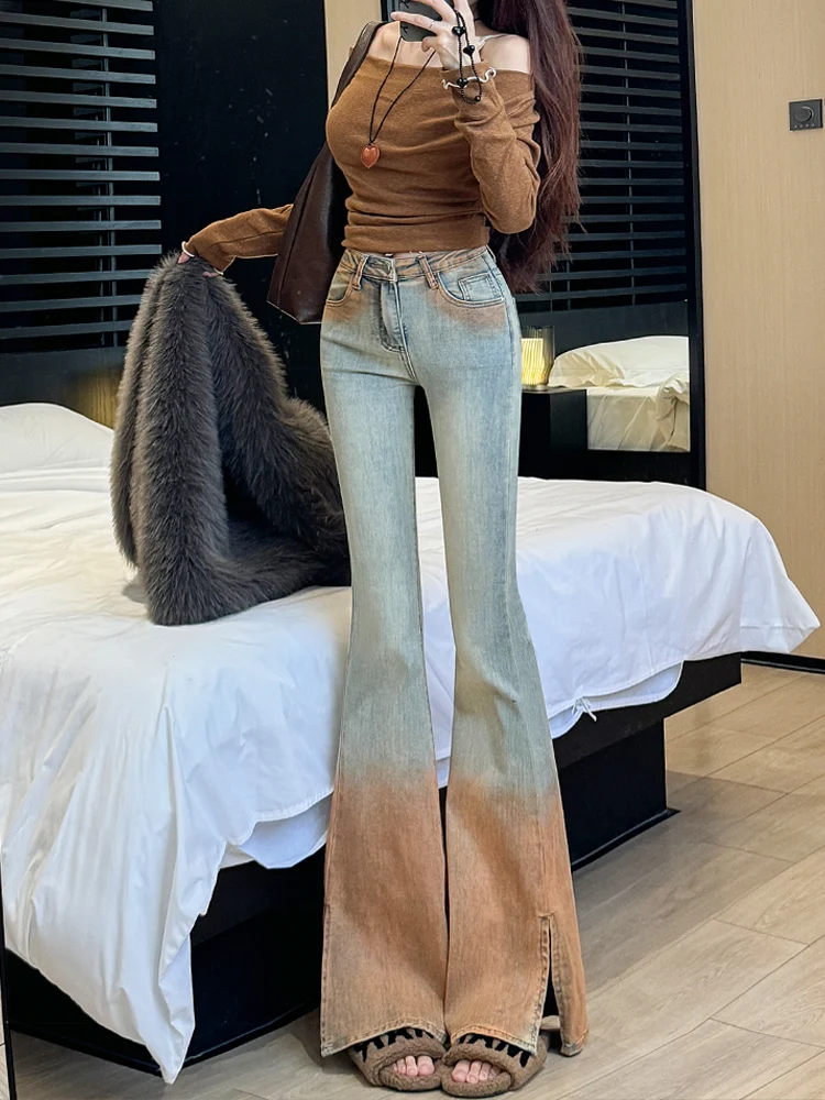 

Women summer 2025 slim high waist design and gradient side slit versatile abandoned earth style trendy micro flared jeans