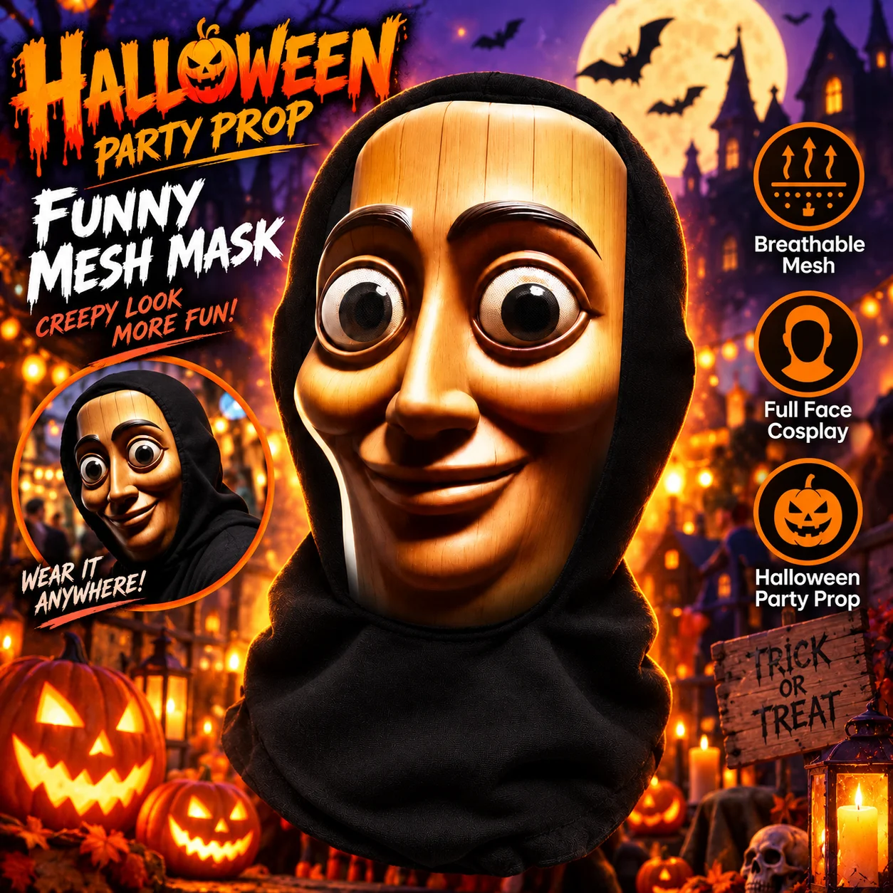 Breathable 3D Face Mask, Funny Wood-Grain Character Design, Novelty Cosplay Costume Mask for Masquerade Stage Performance