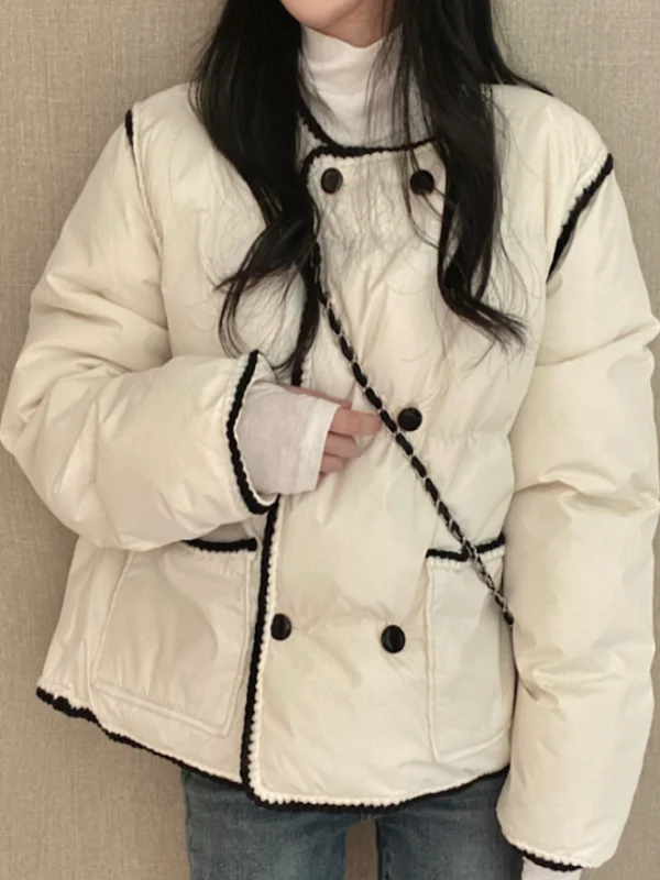 الشتاء Thiened فضفاض القطن Jaet صف مزدوج زر لصق Aosphere تحسس اللون بلو الدانتيل المرقعة المرأة ملابس خارجية