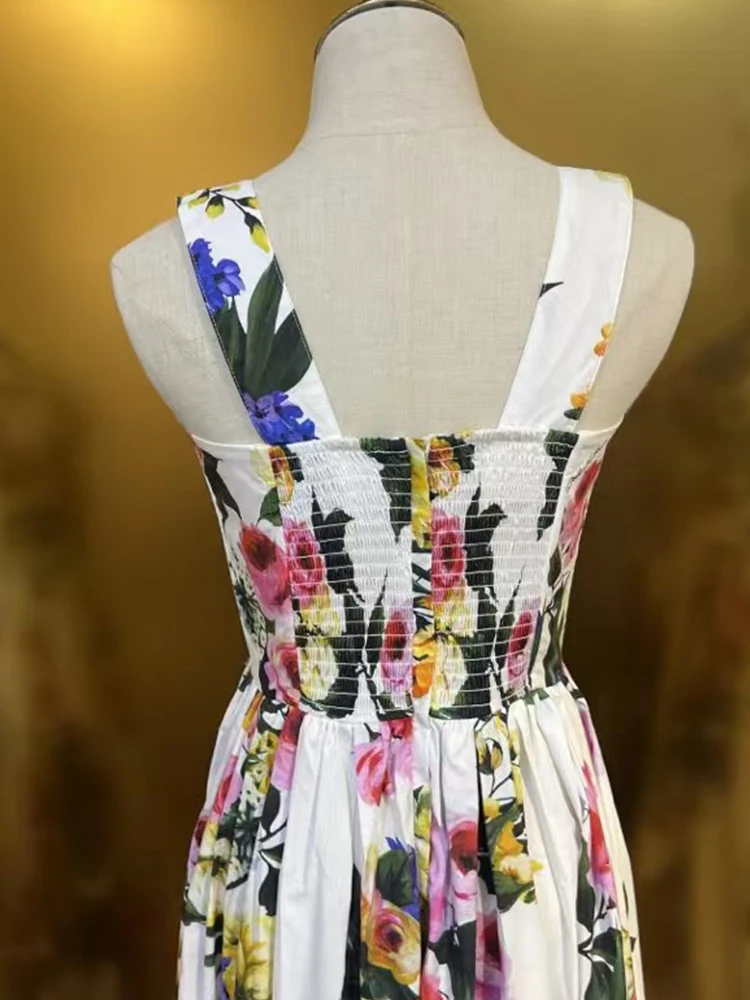 Sexy off-the-shoulder vintage print high waist top slip dress 2024 summer women\'s new fashion loose swing sleeveless dress