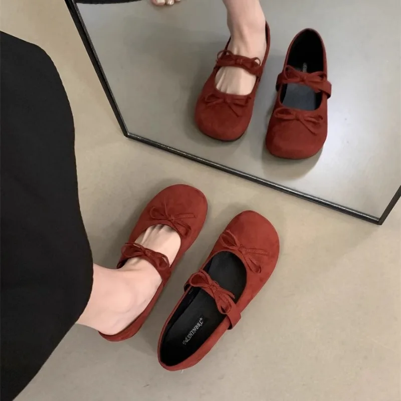 Fashion Round Toe Fabric Ballet Flats Woman Concise Warm Comfort Loafers Ladies Brand Design Fluffy Mary Jane Shoes in Red Grey view 4