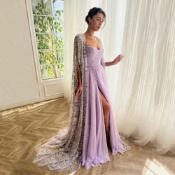 Unique Lilac Two Pieces Evening Dresses with Lace Cape Prom Party Gowns Sweetheart Side Slit Wedding Guest Dress 2024 On Sale