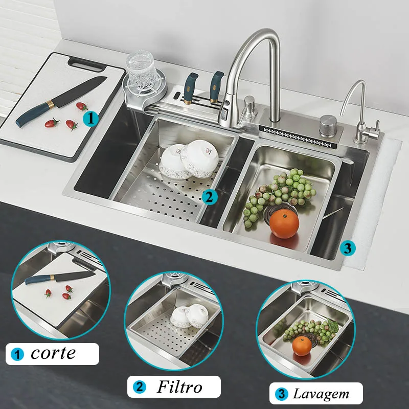 304 شلال من الفولاذ المقاوم للصدأ بالوعة المطبخ خزان واحد كبير مع مجموعة صنبور سحب خلاط الماء الساخن البارد الصنابير والحوض #4