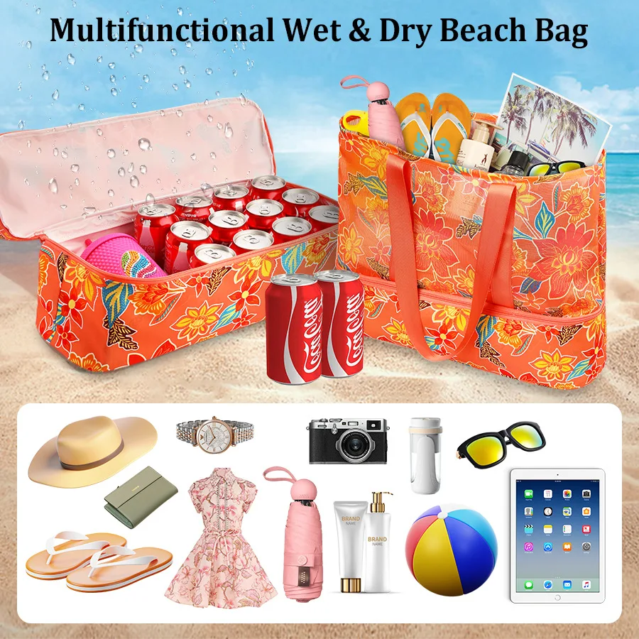 Bolso de playa de gran capacidad para mujer, bolsa de viaje, vacaciones en la playa, multiusos, separación seca y húmeda, Verano