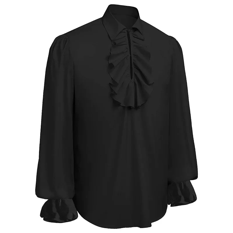 

Retro Art Period Men's St Punk Pure Color irt loween Par Game Costume with Lace Hem Loose Fit Long Sve Ro Sle