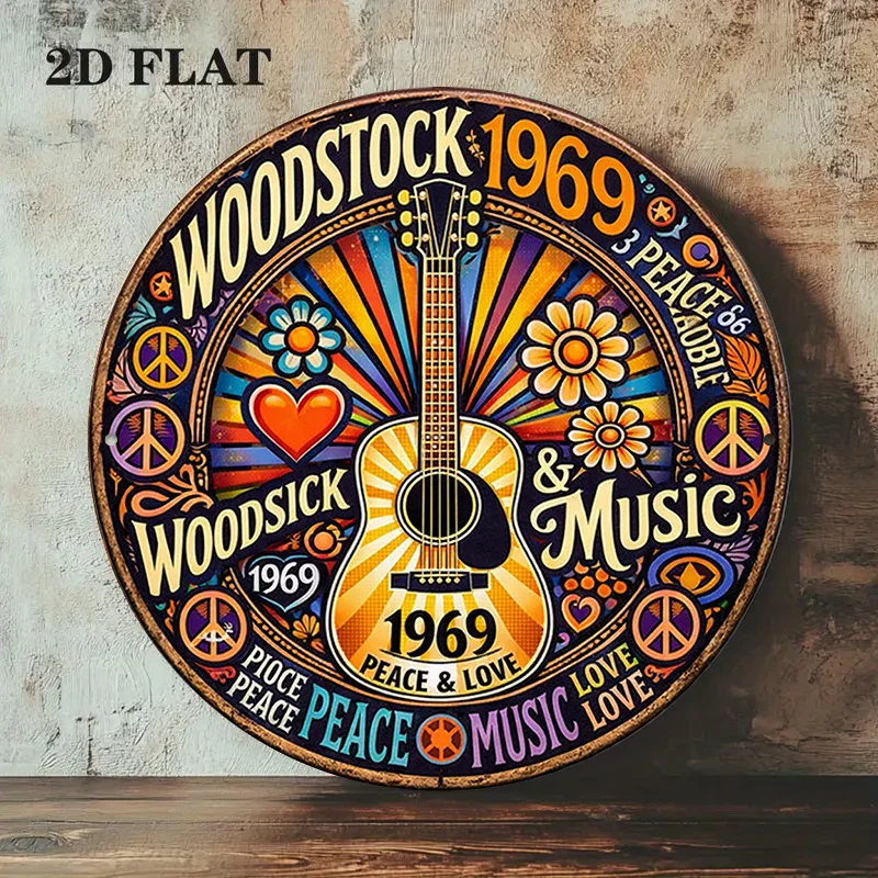 2DFLAT 1pc 8X8In/20X20Cm 2D Flat Round Sign, Retro Decorative Plaque about Woodstock 1969 Peace And Music, 1969 Peace And Love D