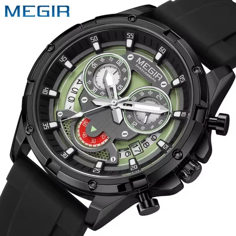 MEGIR 2248 Innovative Design Men's Quartz Watch Silicone Strap Night Light Calendar Waterproof Chronograph Fashion Men's Clock