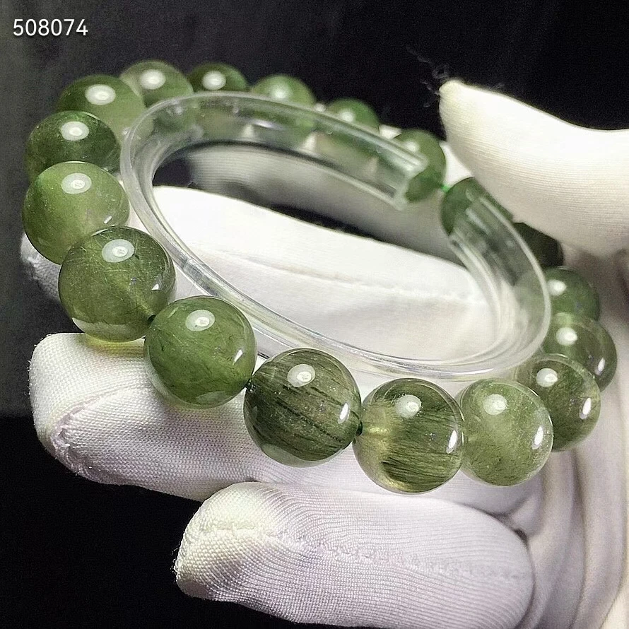 

Natural Green Rutilated Quartz Gemstone Bracelet Women Men Jewelry Cat Eye 11mm Stretch Crystal Round Beads AAAAA