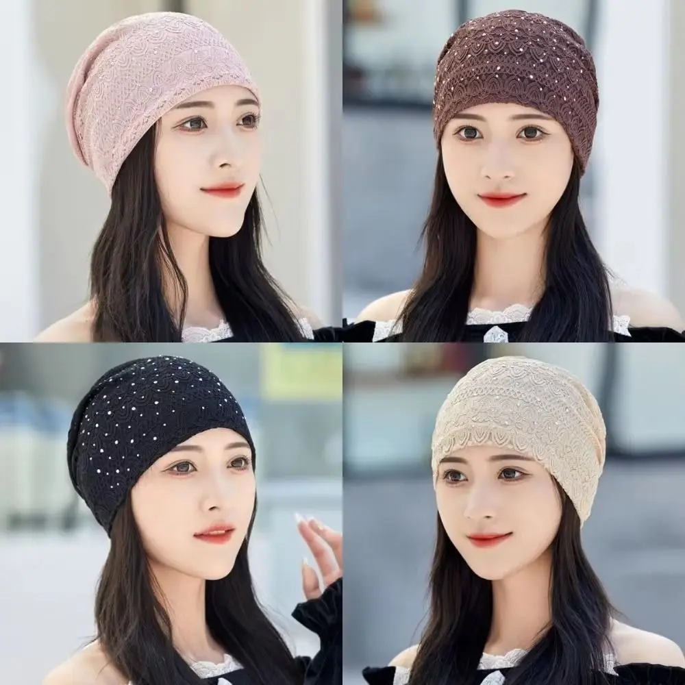 Gifts Lace Lace Beanie Hat Rhinestone Floral Pattern Rhinestone Skull Cap Double Layer Soft Lining Chemo Headwear Women