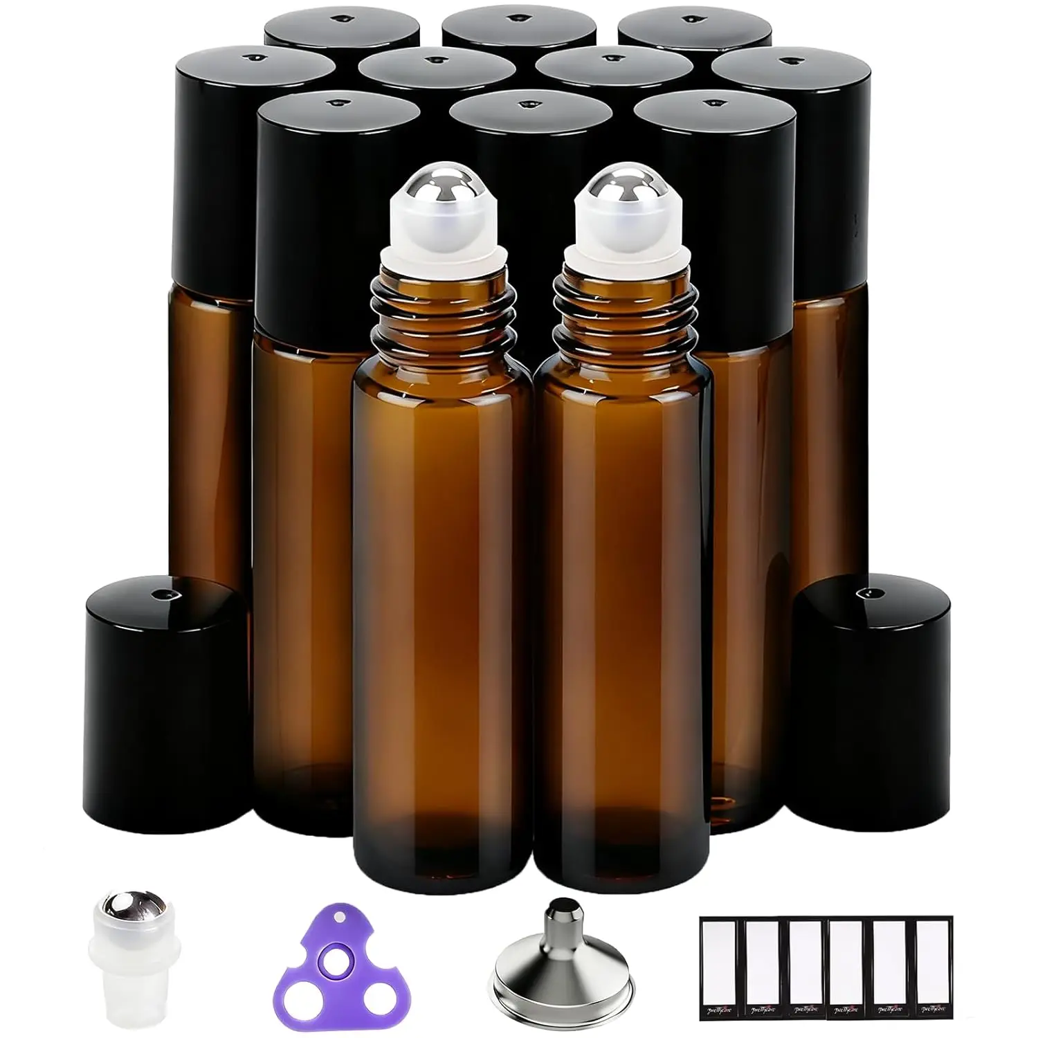 Amber Glass Roller Bottles for Essential Oils, 12-Pack 10ml Refillable Leak-Proof with Stainless Steel Roller Ball, Travel Size