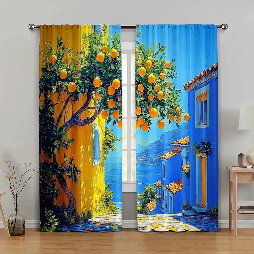 

2pc, Drapes Vivid Mediterranean scenery Durable Polyester,Without Electricity Party Decorations Suitable for Living Room,