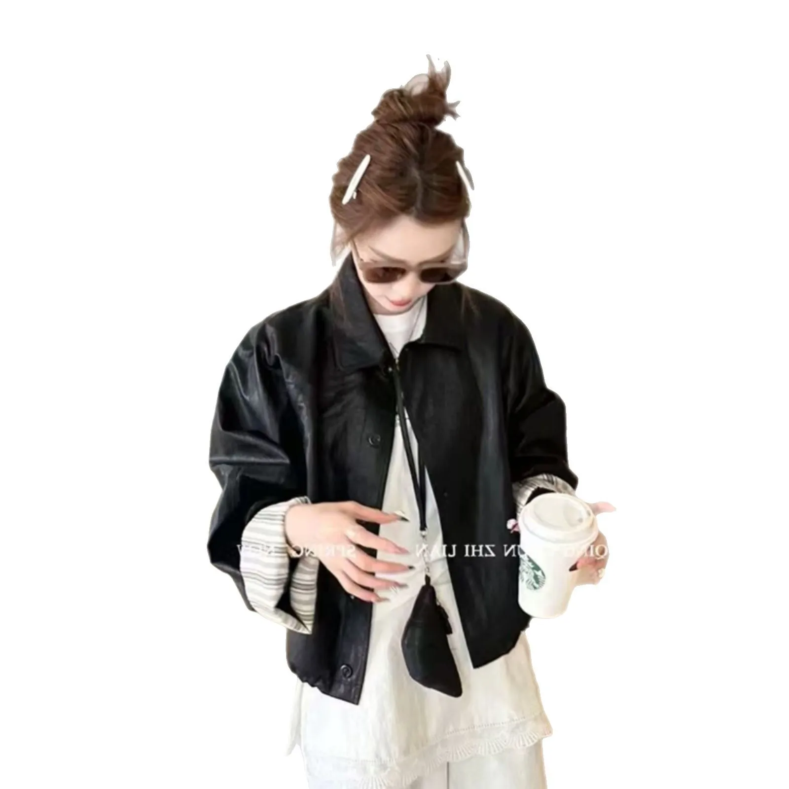 معاطف نسائية من الجلد الصناعي سترة من البولي يوريثان بياقة مقلوبة وأكمام طويلة واحدة الصدر فضفاضة ملابس الشارع الشهير لخريف وشتاء 2025 #6