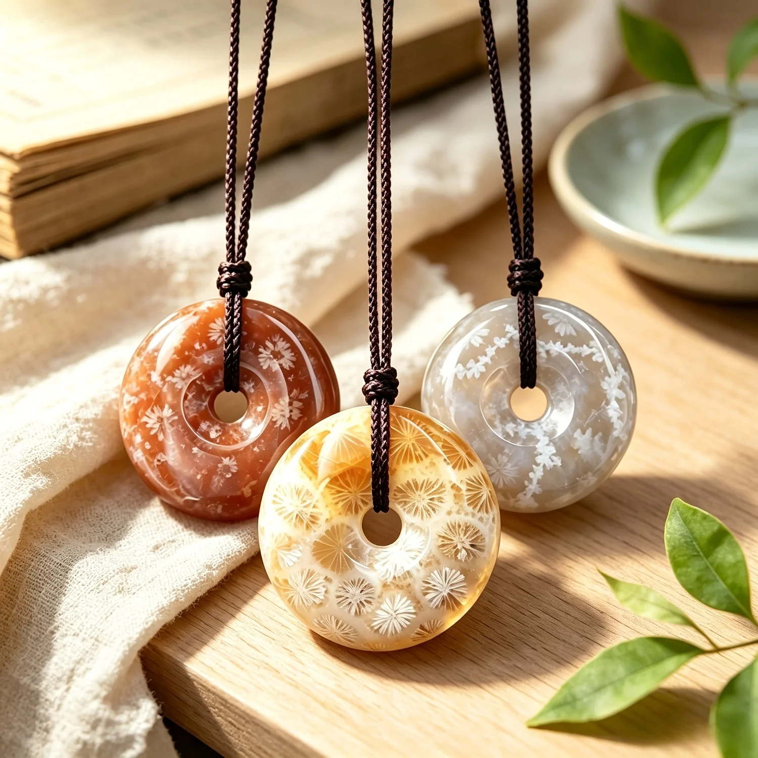 Natural random-pattern chrysanthemum stone donut safety clasp with intricate flower vein textures. Perfect for DIY pendants