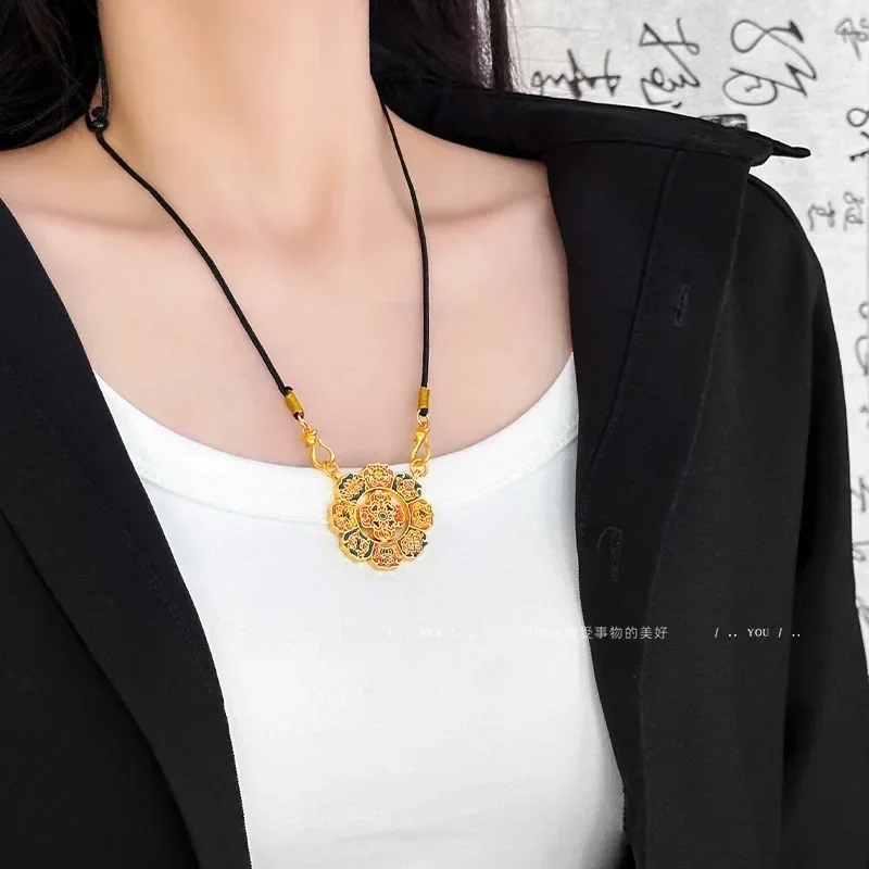 

9999 Real Gold 24K Ancient Gold Enamel Color Buddhist Eight Treasures Transit Roulette Pendant Hand-woven Black Rope Pendant