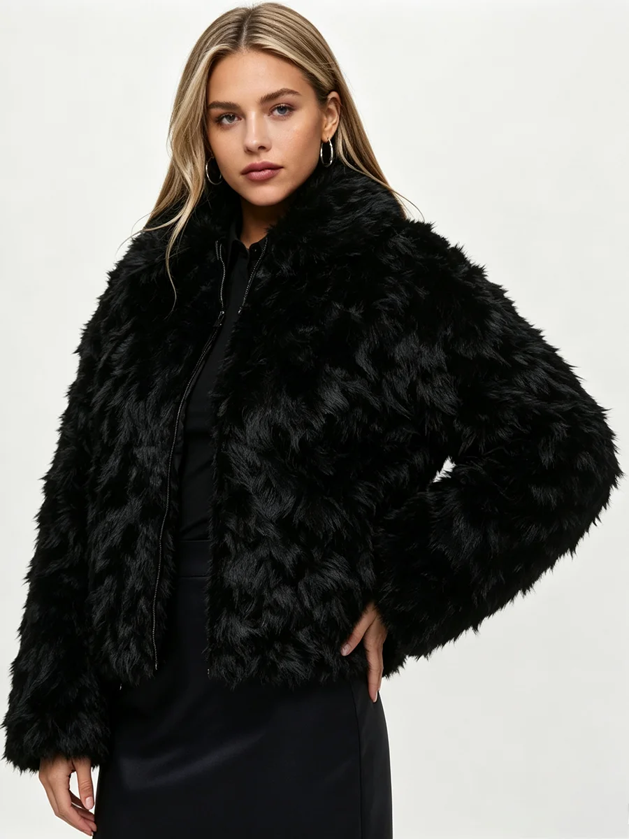 Women Black Shaggy Faux Fur Short Jacket Stand Collar Zip Up Loose Fluffy Plush Coat Winter Warm Lady Casual Outerwear