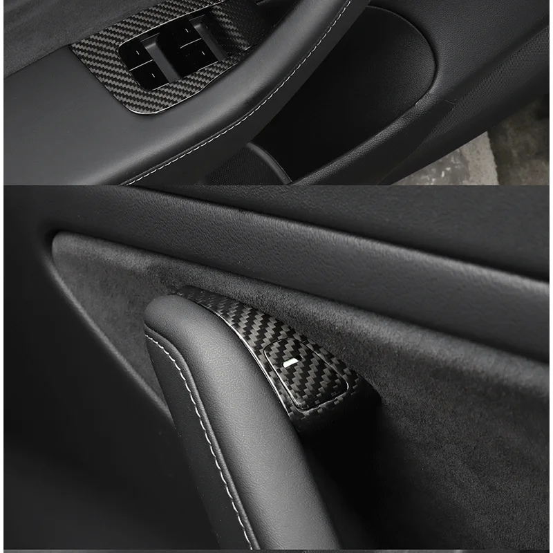 For Tesla Model 3 Y Window Door Pull Handle Lift Switch Button Frame Cover Real Carbon Fiber Trim Sticker Panel 14Pcs 2017-2023