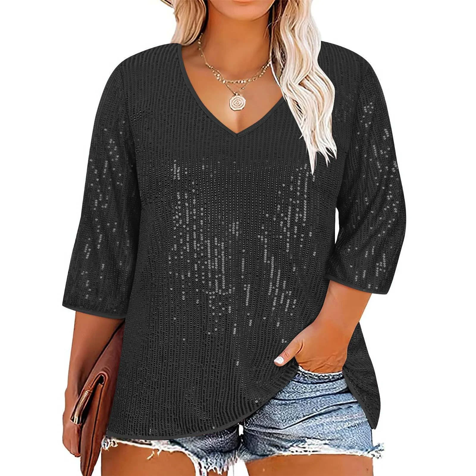 

Women's Loose Top plus Size Vintage Beaded V-ne Sequin T-irt Knitted Thiened Autumn Polyester Ladies Faion