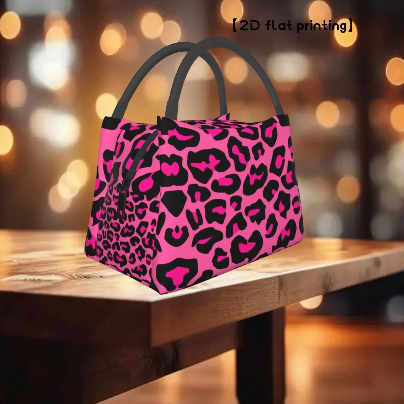 

1pc Pink and Black Leopard Print Portable Cooler Bag - Reusable Insulated Lunch Bag with Black Handles, Ideal for Office