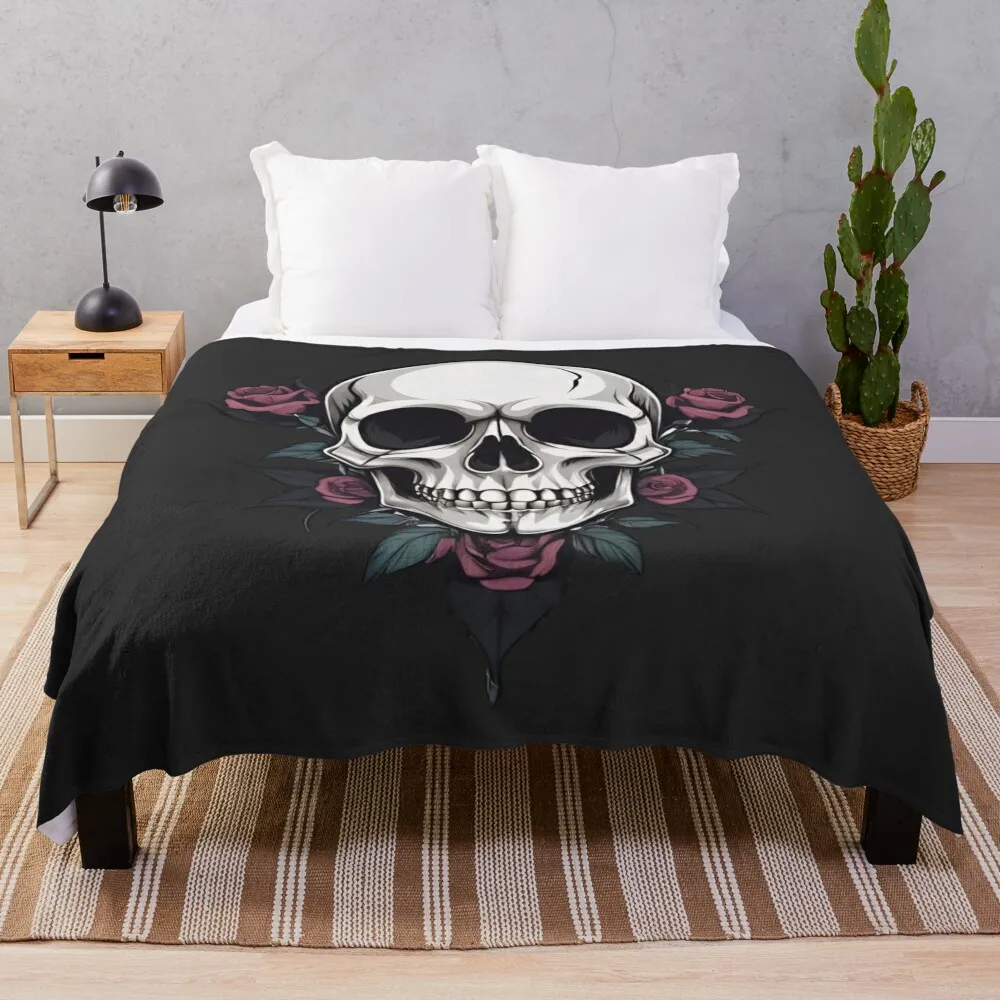 Gothic Skull with Pale Rose Flowers Throw Blanket Loose Plaid on the sofa for winter Decorative Throw Blankets