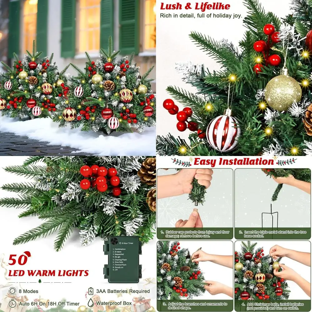 

Prelit 24 Christmas Planter Bushes with 50 LED Lights, Pine Cones, Red Berries, and Balls for Outdoor Porch, Pathway, Yard Decor