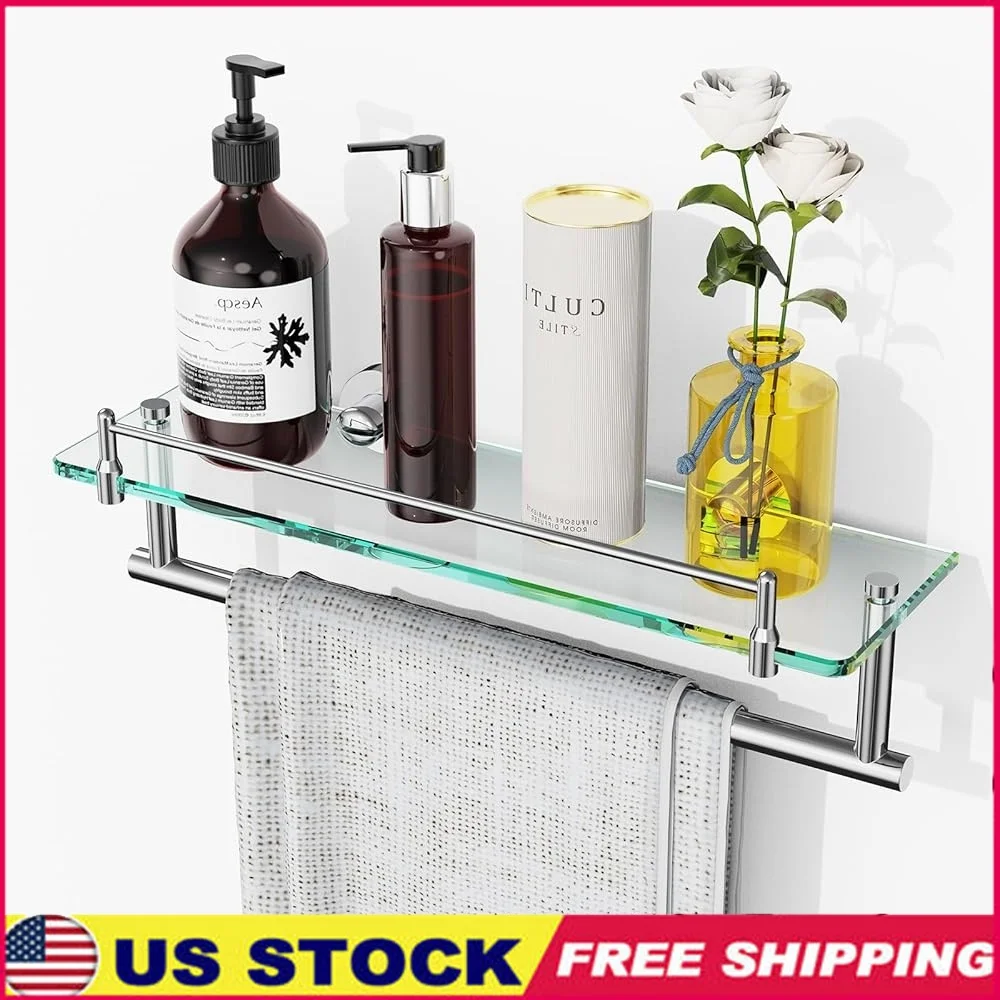 

16 Inch Bathroom Glass Shelf with Towel Bar Rust Proof Tempered Glass Floating Shelf Chrome Stainless Steel Space Saving Storage