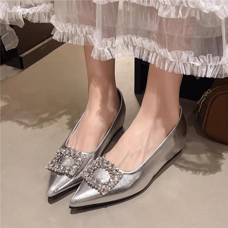 French Temperament Pointed Toe Rhinestone Single Shoes Women's 2025 Summer Silver