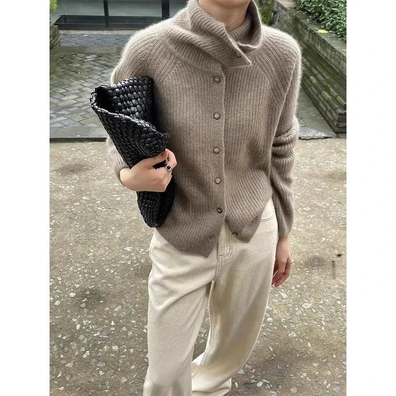 

Deeptown Korean Style Turtleneck Knitted Cardigans Women Elegant Long Sleeve Sweaters Casual Autumn Winter Loose Knitted Coat