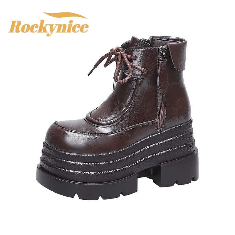 

Женские ботильоны на меху, кожаные армейские мотоциклетные ботинки на толстой подошве, новинка 2025, осень-зима, теплая зимняя обувь на высокой платформе, 10 см