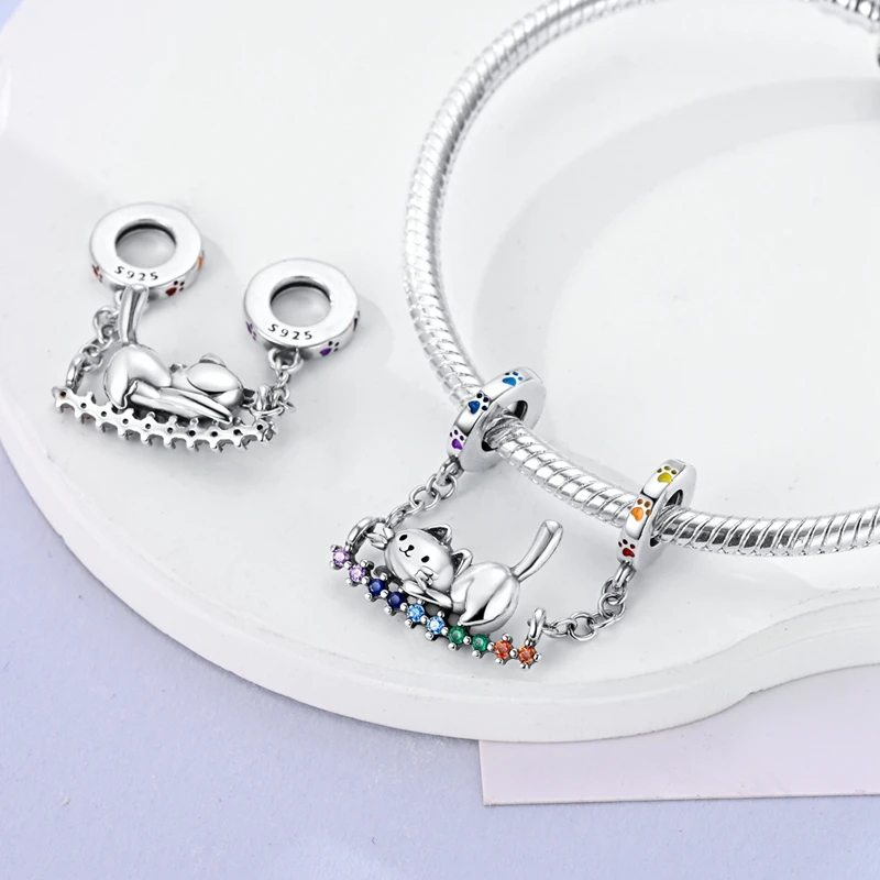 Süße Katze Regenbogen Schaukel Anhänger 925 Silber vergoldet Original Perlen passen Original 925 Charms Armband Perlen Schmuck Geschenke für Frauen