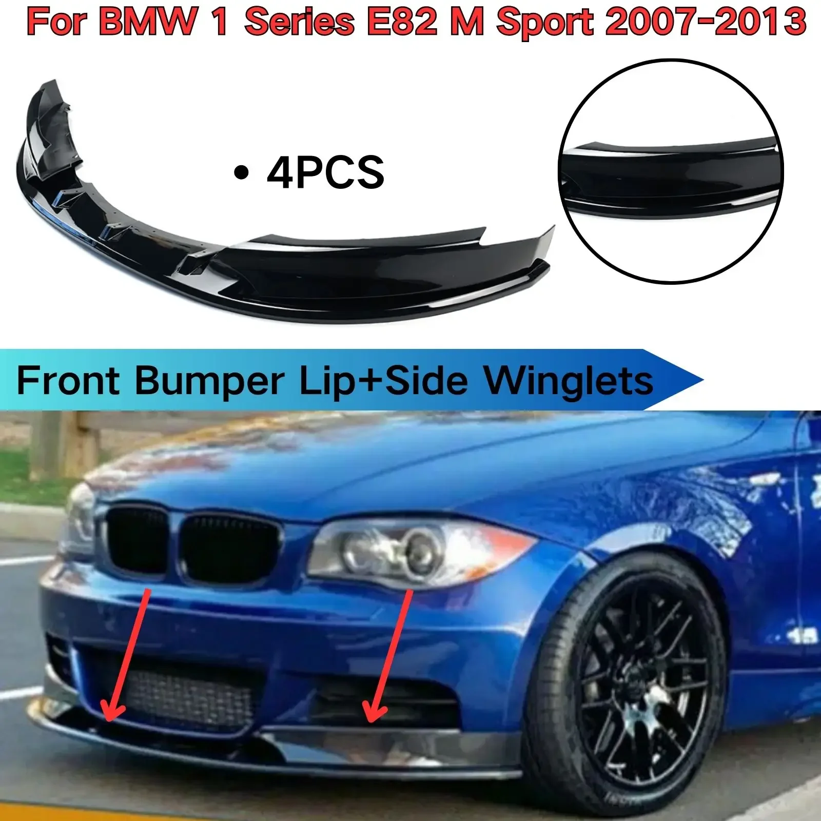 

For BMW 1 Series E82 M Sport 2007-2013 Front Bumper Lip Side Winglets Spoiler Splitter Body Kit Car Accessories Glossy Black